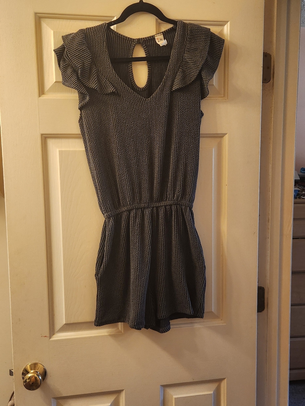 7th Ray Black and White Striped Ruffle-Sleeve Romper